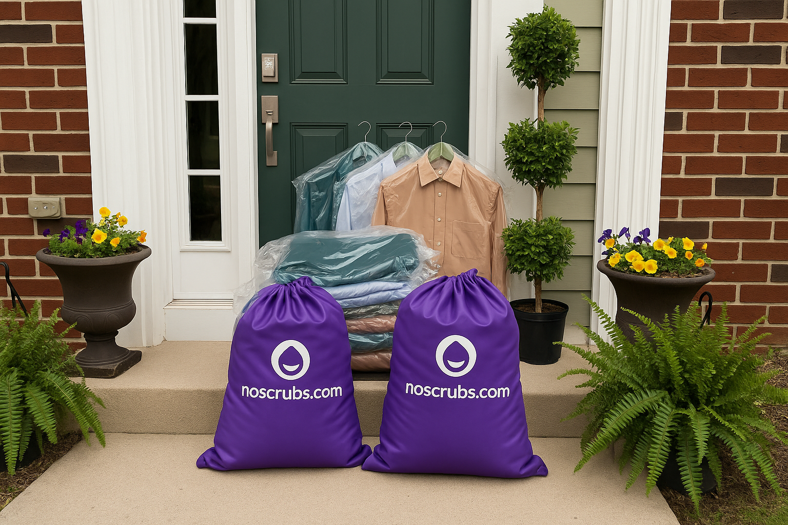The image shows 2 bags of NoScrubs outside a door.