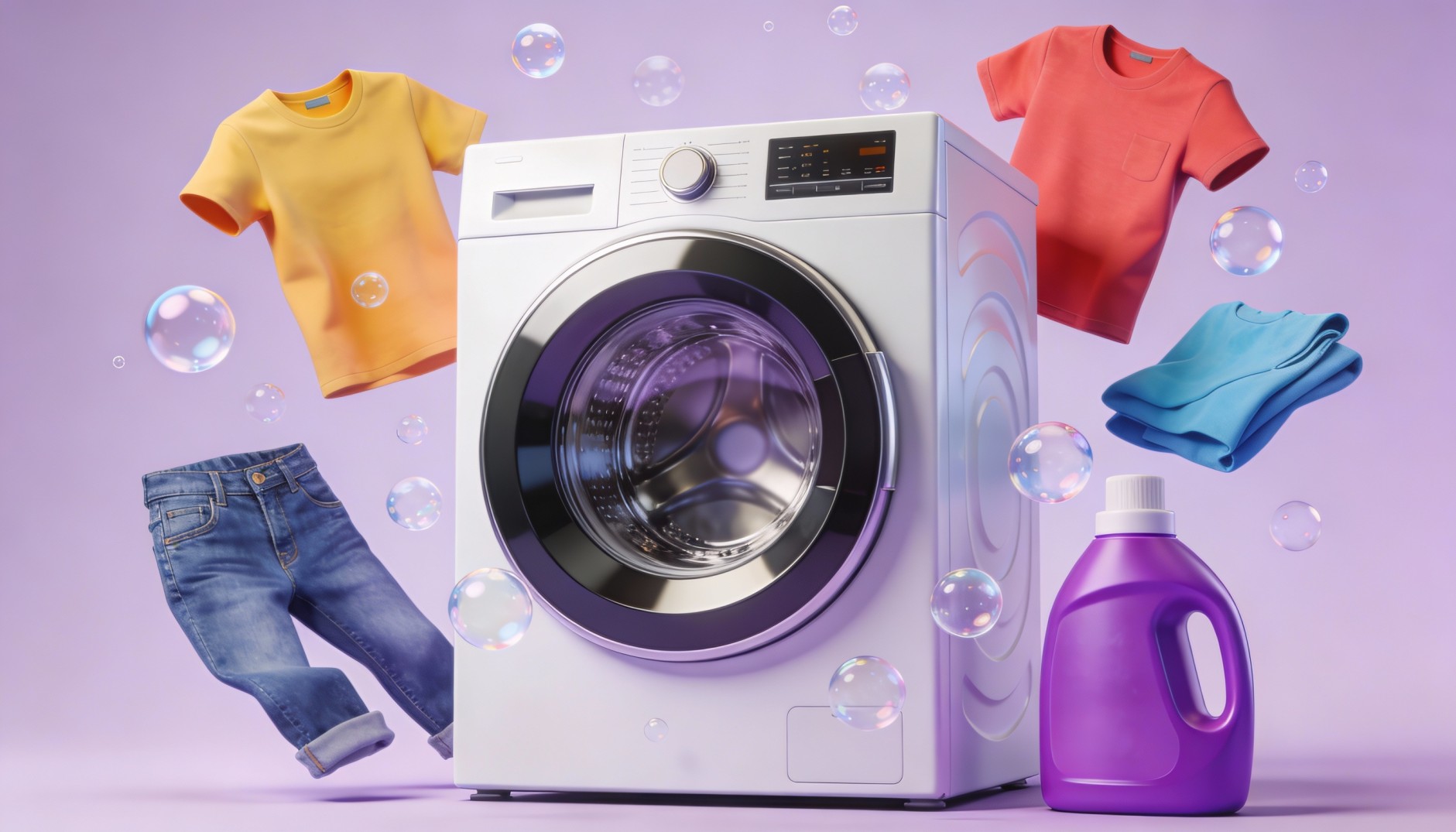 This image shows a washing machine, along with detergents and brightly coloured clothes around it. 
