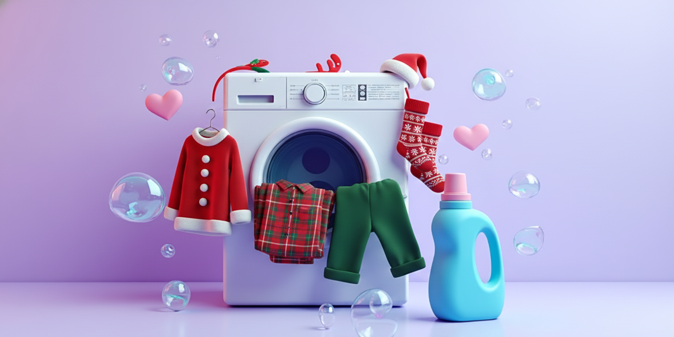 The image shows Christmas themed clothes in a washing machine. 