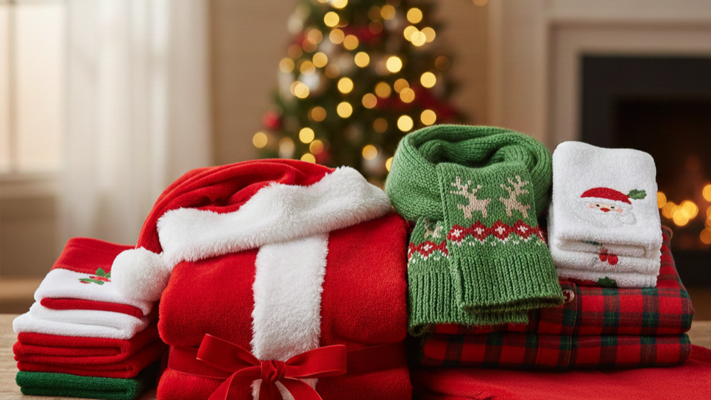 The image shows Christmas themed clothes gently folded.