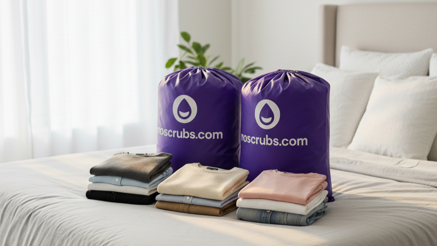 The image shows 2 NoScrubs Laundry Delivery bags with nicely folded clothes.