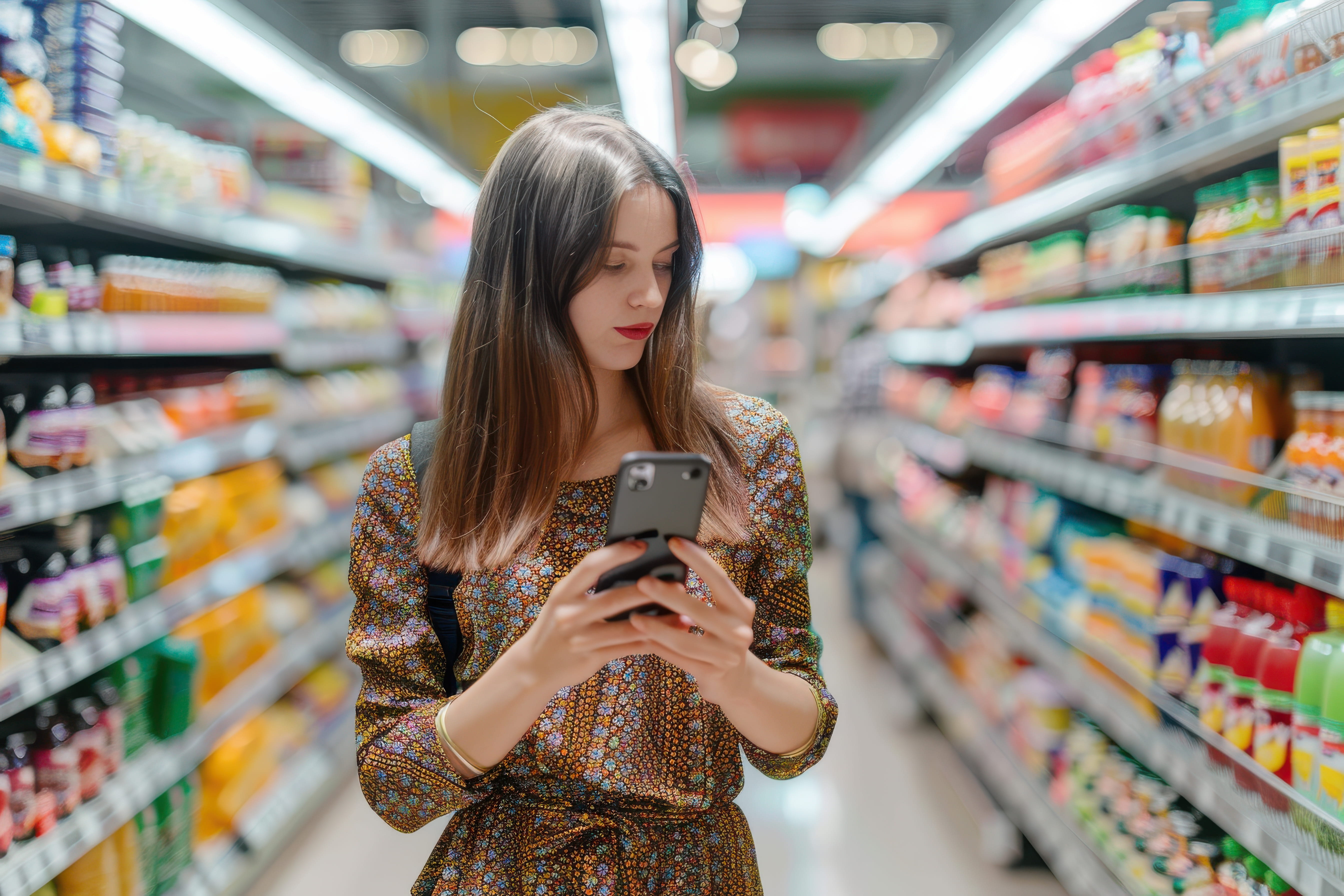woman researching on phone in a supermarket